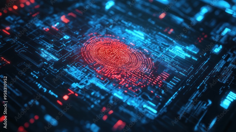 A concept image of digital banking security, showing advanced encryption techniques and biometric authentication, futuristic and secure atmosphere A concept image of digital banking security, showing advanced encryption techniques and biometric authentication, futuristic and secure atmosphere