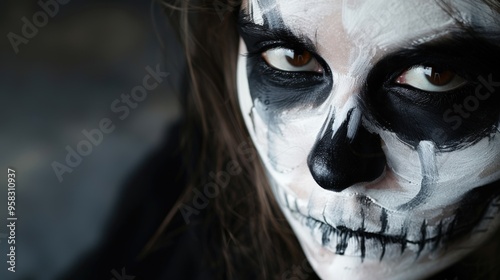 Halloween Female Skull Makeup. Scary Face Art of Dead Woman with Skull Make-up