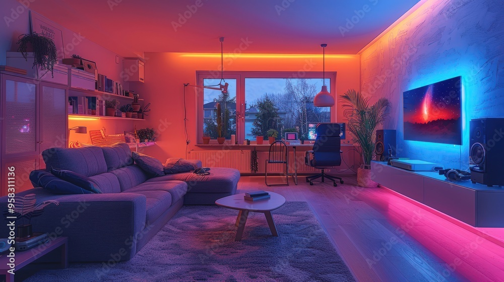 Modern living room with colorful LED lights, a sofa, coffee table, and TV. Modern living room with colorful LED lights, a sofa, coffee table, and TV.