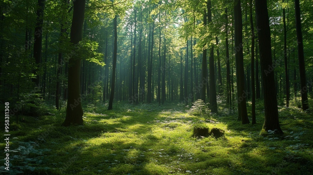 Obraz premium Serene Forest Sanctuary, a peaceful woodland retreat filled with lush greenery, gentle rustling leaves, and soft sunlight filtering through the branches, perfect for meditation and reflection