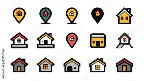 Set of colorful icons representing houses and location markers.