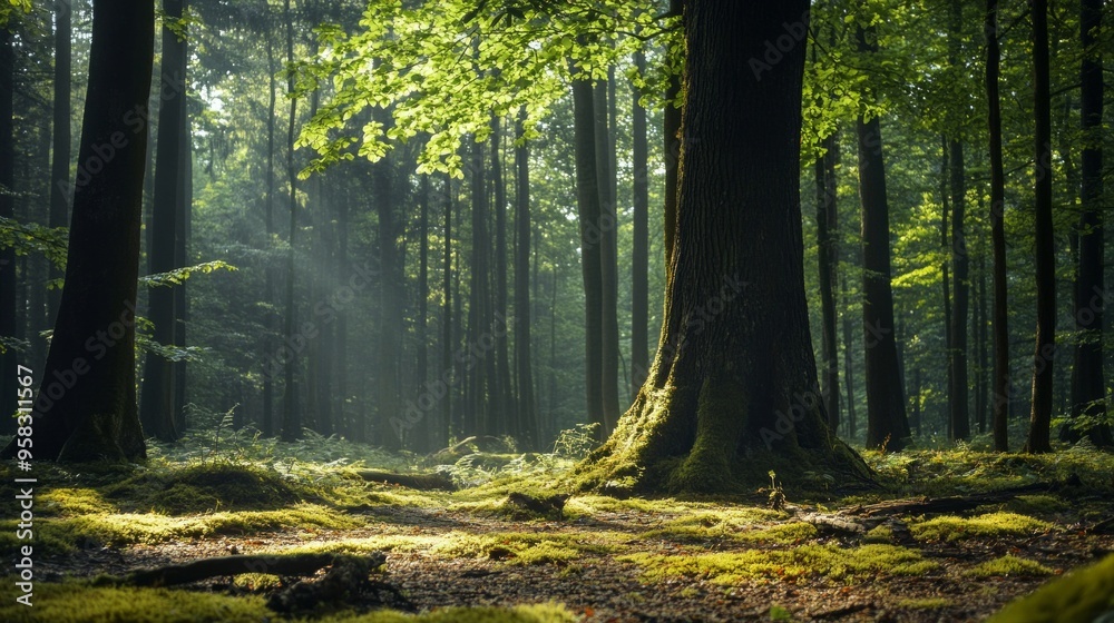 Fototapeta premium Serene Forest Sanctuary, a peaceful woodland retreat filled with lush greenery, gentle rustling leaves, and the calming sounds of nature, perfect for deep reflection and meditation.
