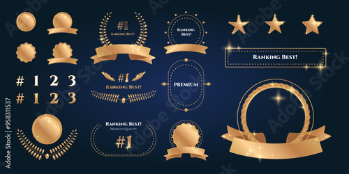 Set of golden award luxury design elements with ribbons, stars, golden frames and numbers, laurel branches and decorations. Vector illustration.