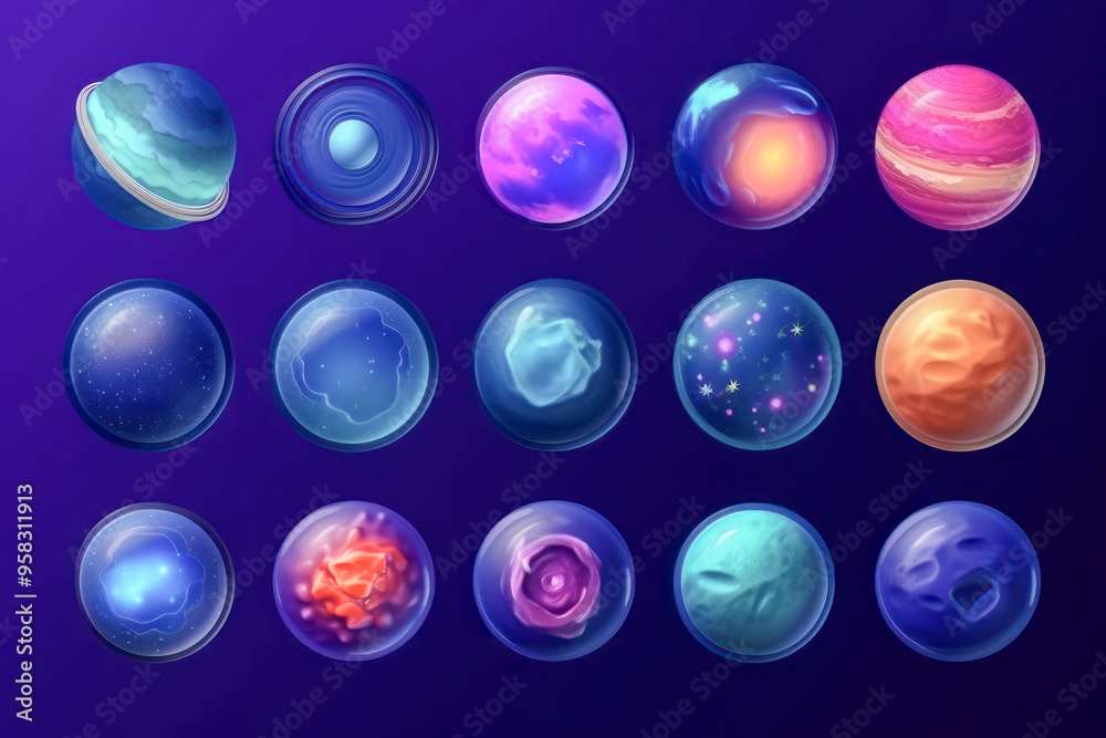 Colorful illustrations of planets and cosmic spheres in space Colorful illustrations of planets and cosmic spheres in space