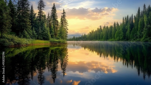 Tranquil Lake Reflection, a peaceful body of water mirroring the calmness of nature, inviting moments of introspection and serenity amidst lush surroundings.