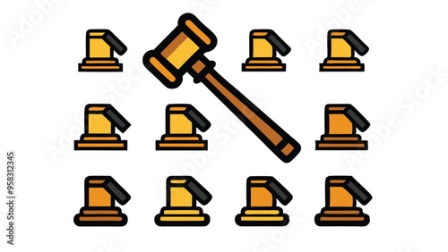 Illustration of a gavel and online auction podiums.