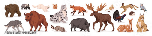 Wild animals set. Different forest wildlife: bear, bison, wolf, boar, fox, lynx. Various woodland fauna of Europa: deer, owl, squirrel, hare. Flat isolated vector illustrations on white background