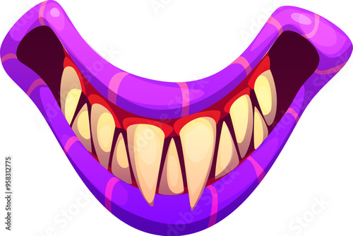Halloween monster mouth with drool jaws and saliva tongue. Cartoon vector wide open spooky smile with with sharp, pointed teeth, purple lips and the gums are vividly red. Eerie and menacing mouth