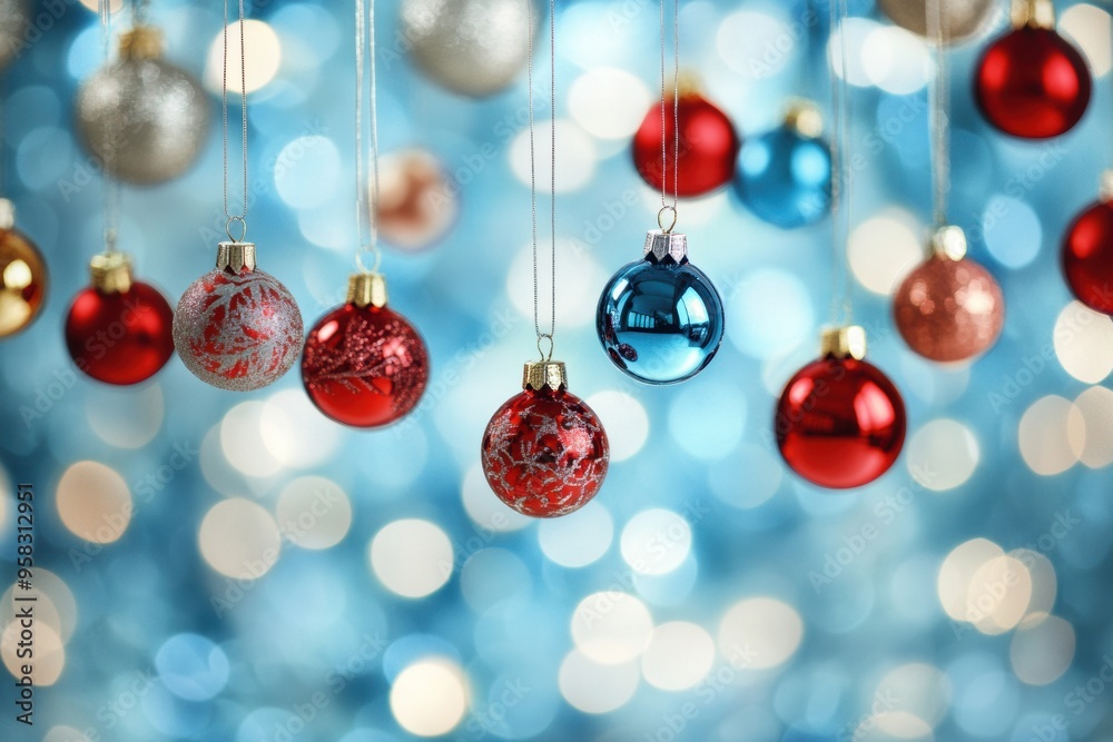 Festive christmas baubles hanging glittering blue background Festive christmas baubles hanging glittering blue background