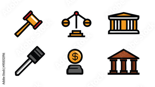 Illustration of six legal icons, including a gavel, scales of justice, a courthouse building, a screwdriver, a gold coin with a dollar sign, and another courthouse building.