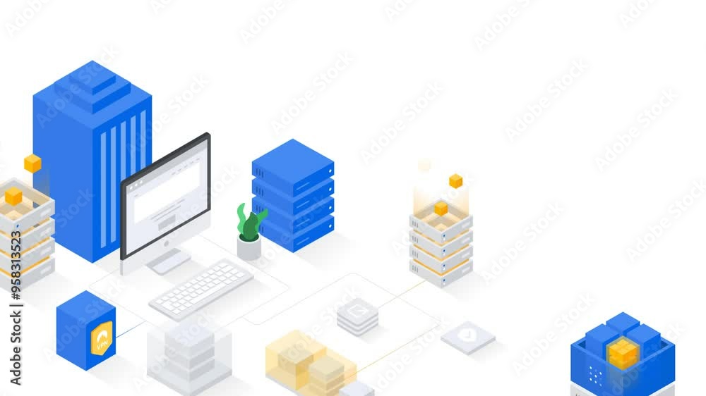 An animation depicting a cloud computing infrastructure or digital data center