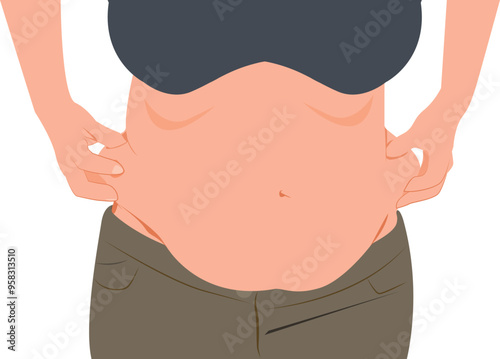 Overweight woman, woman touch fat on belly distressed with excessive weight.