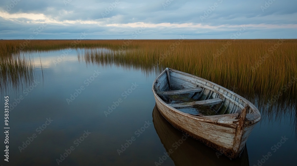 Forgotten Vessel in Serene Marsh, an old weathered boat rests partially submerged in a tranquil marsh, surrounded by lush greenery and calm waters, evoking a sense of nostalgia. Forgotten Vessel in Serene Marsh, an old weathered boat rests partially submerged in a tranquil marsh, surrounded by lush greenery and calm waters, evoking a sense of nostalgia.