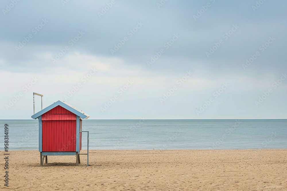 Generated with AI close up photo of lifeguard house on sandy beach Generated with AI close up photo of lifeguard house on sandy beach