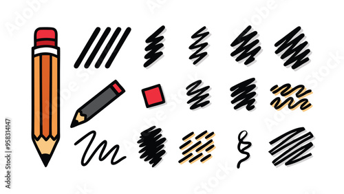 Illustration of a pencil and a pen, with several examples of different strokes, lines, and patterns.
