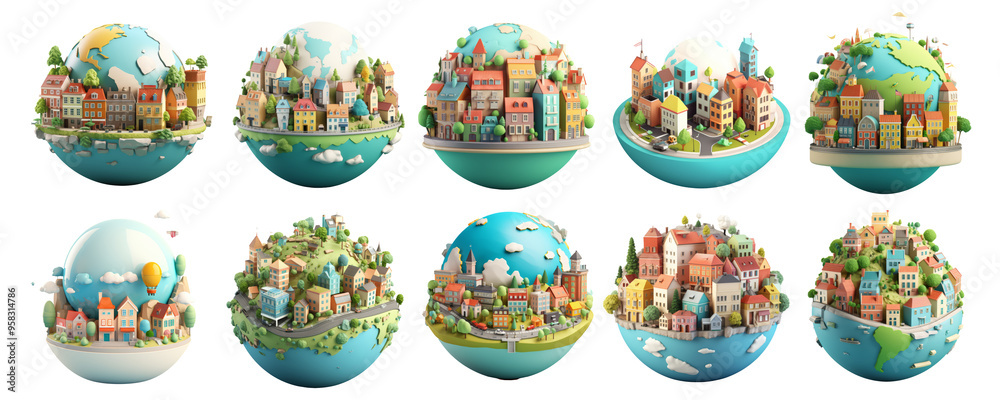 12 3D renderings of spherical towns with blue water and green trees, each town has a different color palette and unique buildings.