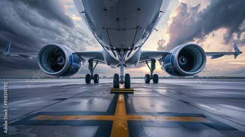 A large passenger jet is currently parked on a runway as the sunset paints the sky with beautiful colors and hues during evening hours