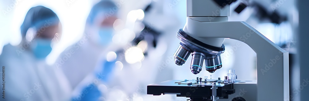 Professional laboratory microscope close up and scientists working in the background Professional laboratory microscope close up and scientists working in the background