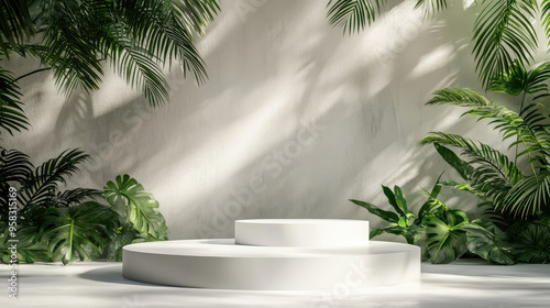 Chic white podium in a 3D abstract minimal design, set against a lush green forest backdrop.