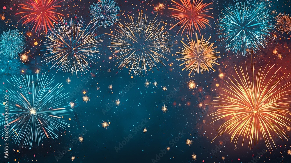 A breathtaking display of vibrant fireworks exploding in various colors, lighting up the night sky with dazzling patterns and a festive atmosphere, celebrating joy and excitement. A breathtaking display of vibrant fireworks exploding in various colors, lighting up the night sky with dazzling patterns and a festive atmosphere, celebrating joy and excitement.
