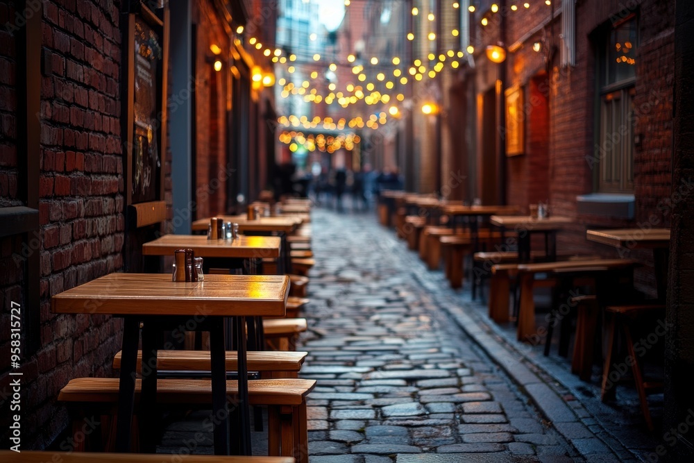 Obraz premium Cozy alley restaurant with outdoor seating twinkling lights at dusk