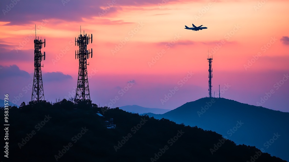 Obraz premium Silhouetted Towers at Sunset with an Airplane Flying Over
