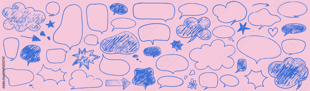 Crayon speech bubble children set. Round, cloud and star frame for text. Chalk texture dialog speech balloon. Crayon bubble for talk and children comic design. Vector illustration Crayon speech bubble children set. Round, cloud and star frame for text. Chalk texture dialog speech balloon. Crayon bubble for talk and children comic design. Vector illustration