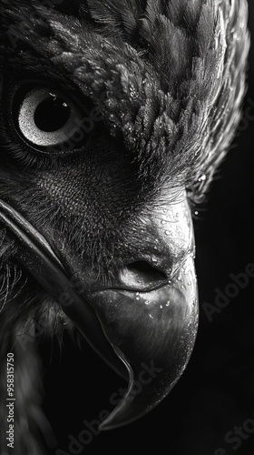 A high contrast monochrome image of a bird of prey focusing on its sharp beak and intense eye, with detailed feathers. photo