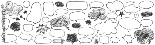 Crayon speech bubble children set. Round, cloud and star frame for text. Chalk texture dialog speech balloon. Crayon bubble for talk and children comic design. Vector illustration