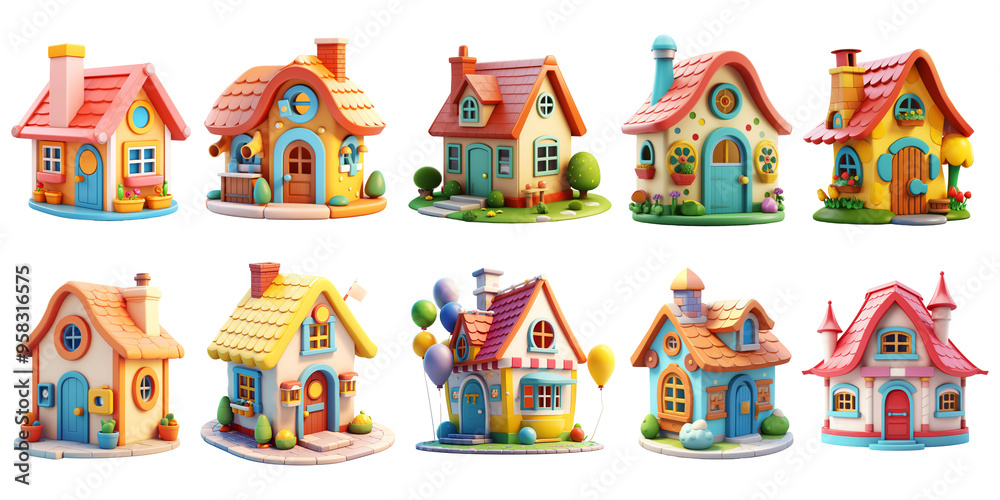 Colorful cartoon houses with different styles and designs isolated on black background. Colorful cartoon houses with different styles and designs isolated on black background.
