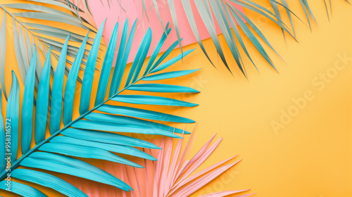 Vibrant and colorful palm leaves are beautifully set against a bright and cheerful background in hues of yellow and pink