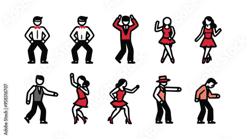 A set of icons depicting couples dancing the tango. The icons are simple line drawings of people in formal wear, with the men in black pants and the women in red dresses.