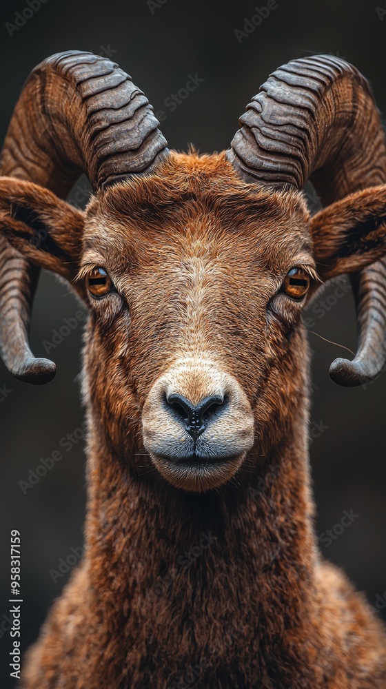 A stunning portrait showcasing a brown ram with massive curved horns and a deep gaze, captured beautifully against a soft-focus background. A stunning portrait showcasing a brown ram with massive curved horns and a deep gaze, captured beautifully against a soft-focus background.