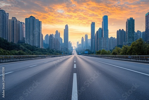 Straight asphalt highway road with modern city buildings at sunrise in Chongqing , ai