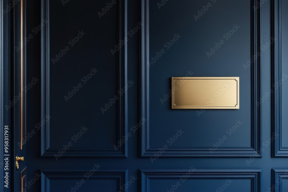 A dark blue wall with a decorative panel and a blank gold nameplate. A dark blue wall with a decorative panel and a blank gold nameplate.