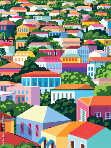 Caribbean romantic landscape with colorful traditional Spanish cottages and houses. Handmade drawing vector illustration. Can be used for posters, banners, postcards, books etc.