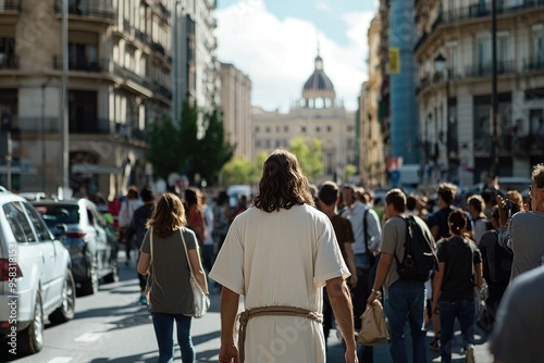 Jesus Christ Walking in City Street, Back View