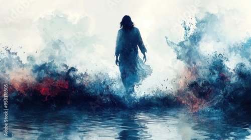 Jesus Walking on Water in Abstract Watercolor Style Artwork