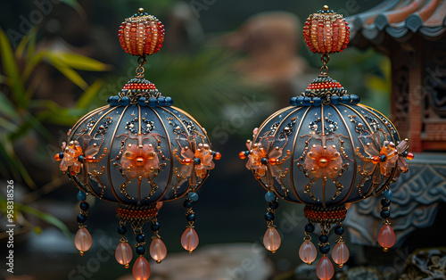 A beautiful pair of earrings featured in front of a pagoda, emphasizing the blend of fashion and architectural heritage. photo