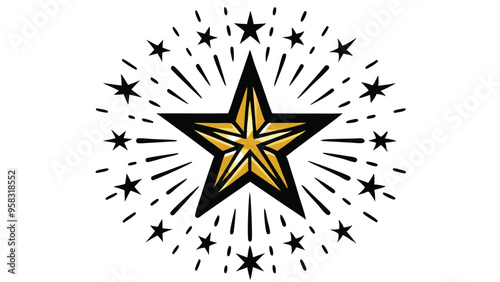 A large golden star with a black outline surrounded by a circle of smaller black stars with rays emanating outward.