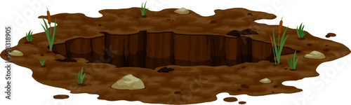 Dirty pit and burrow, deep ground hole amidst a natural landscape. Isolated cartoon vector gap with scattered stones, sprouting grass and textured soil that evoke the mysteries of underground habitats