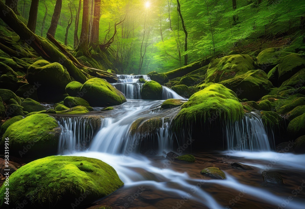vibrant forest landscape featuring cascading waterfall surrounded lush greenery colorful flora, adventure, travel, scenery, stream, foliage, ecology vibrant forest landscape featuring cascading waterfall surrounded lush greenery colorful flora, adventure, travel, scenery, stream, foliage, ecology