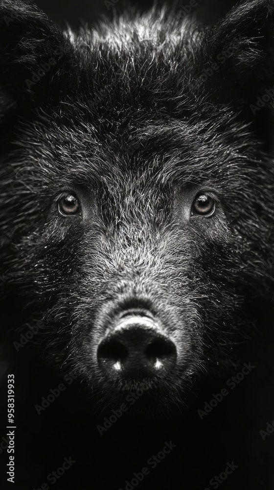 A highly detailed close-up image of a wild boar's face, featuring a textured snout and captivating eyes against a dark background.