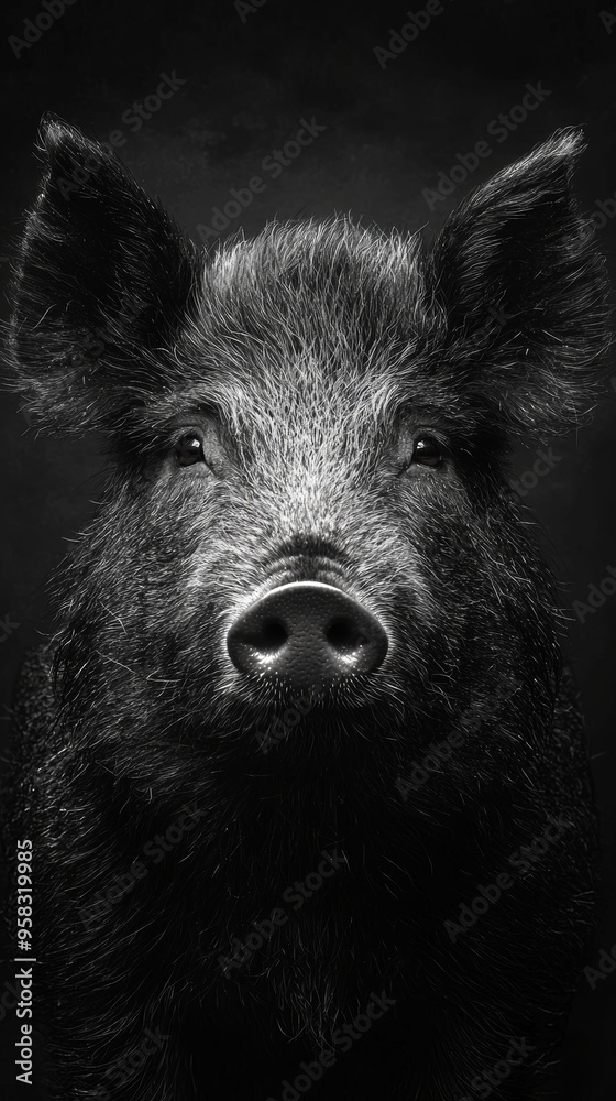 A striking high contrast black and white image of a wild boar, emphasizing the detailed fur and expressive eyes with artistic elements. A striking high contrast black and white image of a wild boar, emphasizing the detailed fur and expressive eyes with artistic elements.