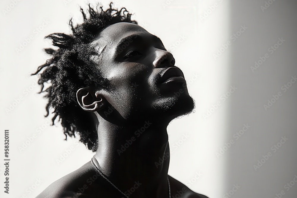 powerful silhouette portrait dramatic black and white studio photograph capturing the strong profile of an african american man emphasizing contrast and form against a stark white background powerful silhouette portrait dramatic black and white studio photograph capturing the strong profile of an african american man emphasizing contrast and form against a stark white background