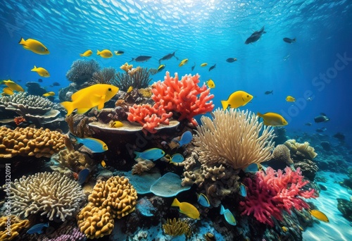 vibrant underwater ecosystem showcasing diverse marine life colorful coral fish aquatic plants, algae, biodiversity, blue, coast, creatures, crustaceans