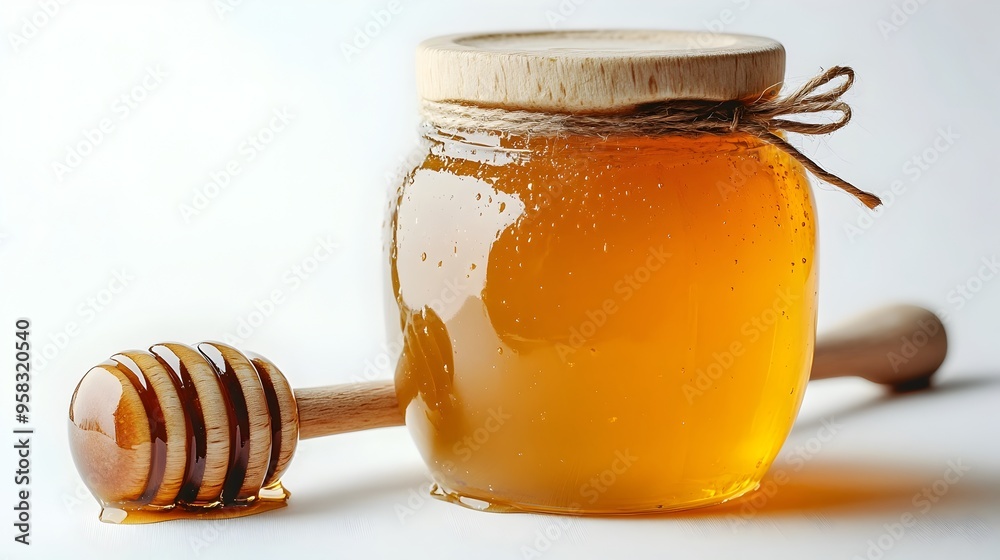 Closeup of a Glass Jar with Honey and Wooden Dipper Against White Background Closeup of a Glass Jar with Honey and Wooden Dipper Against White Background
