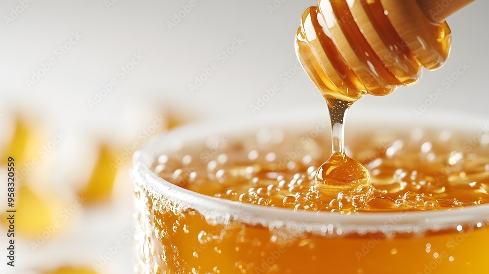 Close up view of honey dripping from a wooden dipper into a tea cup on a white backdrop