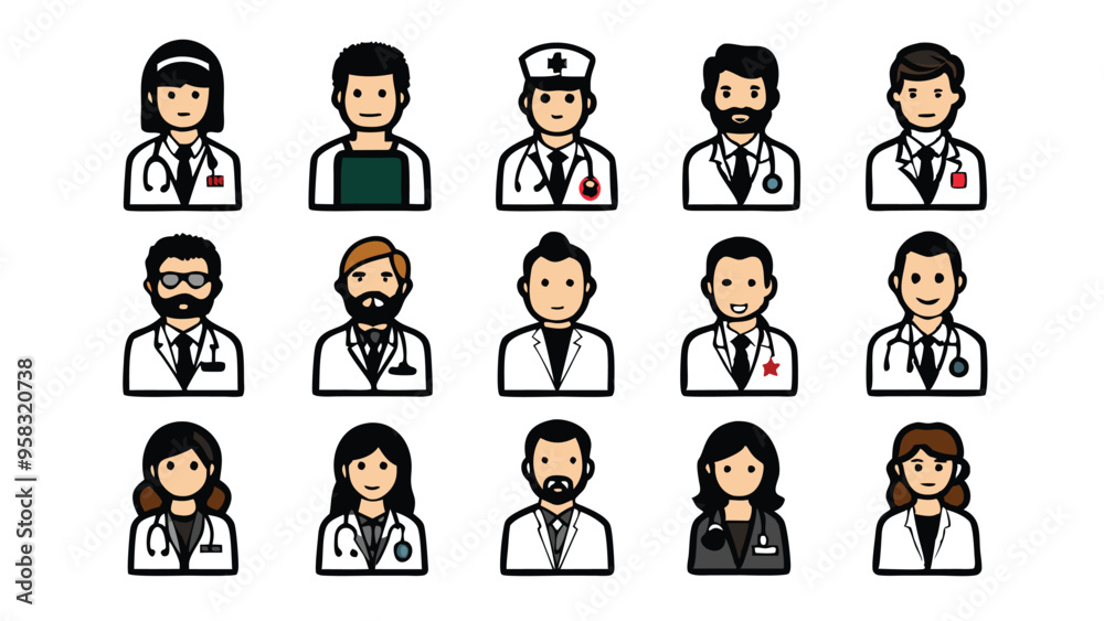 Set of doodle line art characters of medical doctors with various hairstyles, facial expressions, and accessories. Set of doodle line art characters of medical doctors with various hairstyles, facial expressions, and accessories.
