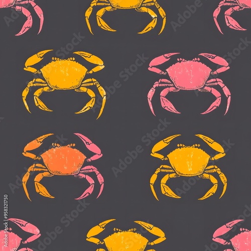 Repeating pattern of crabs in orange, pink, and yellow photo